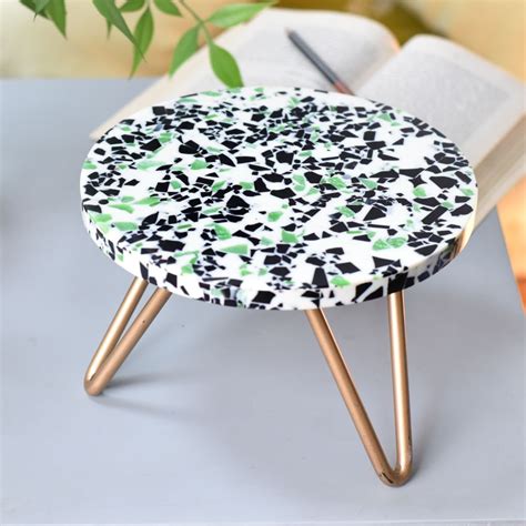 Terrazzo Wood Resin Cake Stand With Golden Legs