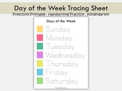 Days of the Week Tracing Worksheet Printable for Kids – Handwriting ...