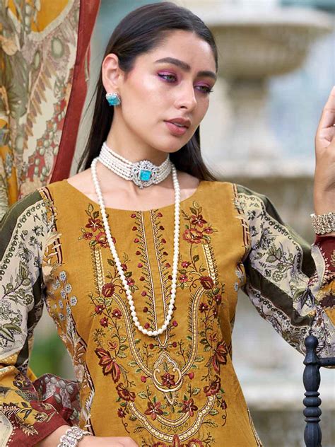 Women's Pakistani Print Mustard Unstitched Cotton Suit Dress Material ...