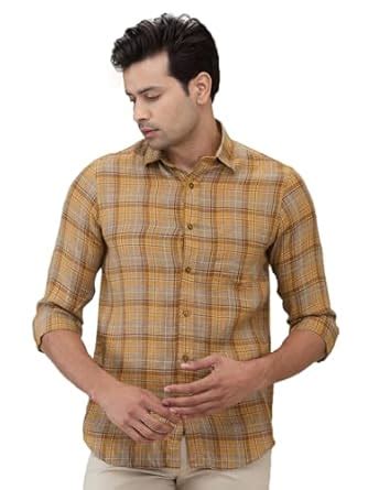 Colorplus Men Regular Fit Checks Pattern Pure Linen Plain Collar Half ...