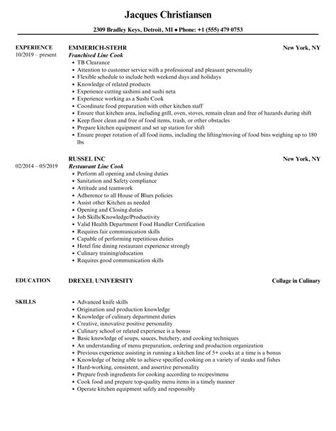 Line Cook Duties Resume