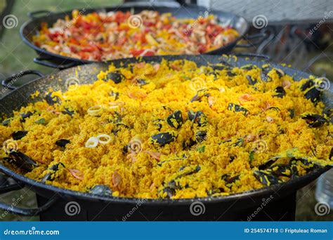 Paella Traditional Spanish Food. Paella Prepared on a Large Pan on the ...