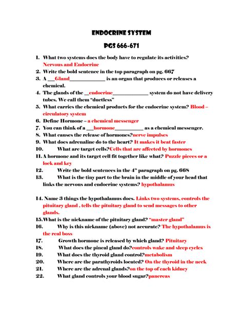 Image result for Endocrine System Worksheet Answers