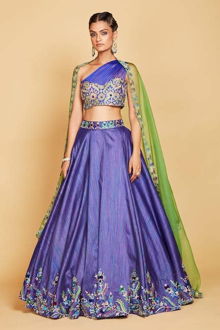 Buy Blue Lehenga Raw Silk Hand Embroidered Cutdana One Shoulder Blouse ...