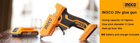 INGCO 20V Cordless Glue Gun, Battery & Charger not Included, 15-18g/min ...