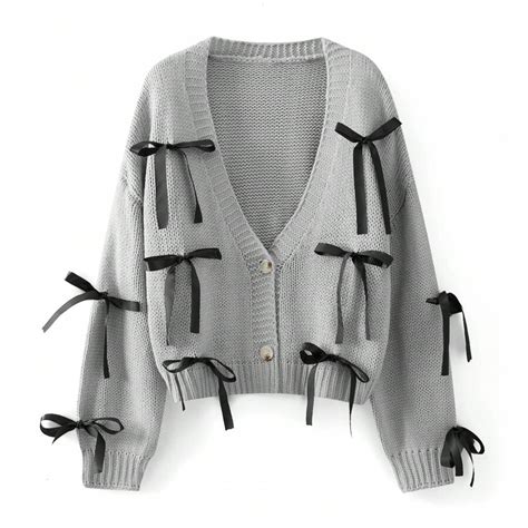 Womens Bow Cardigan Loose Deep V Neck Long Sleeve Button Down Sweater ...