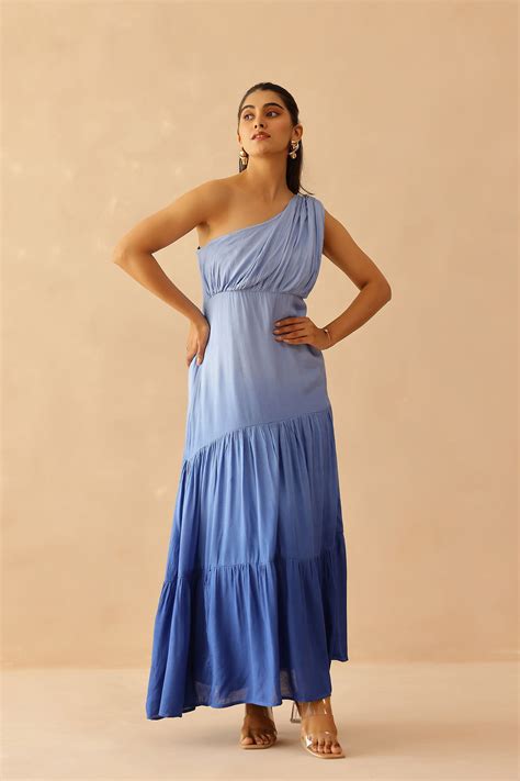 Blue Cascade Cotton Santoon Solid Dress| Singhania's