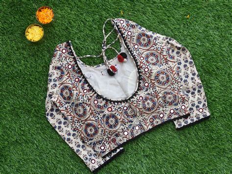 Buy White Geometric Ajrakh hand block printed Kutch mirror work blouse