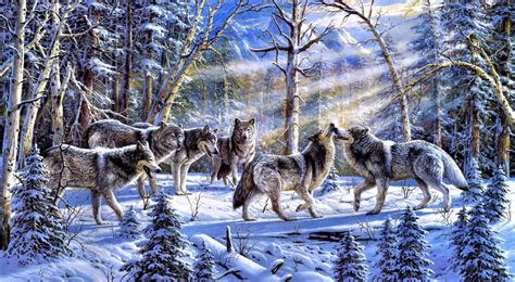 Download Wolf Pack Snow Forest Sunrise Wallpaper | Wallpapers.com