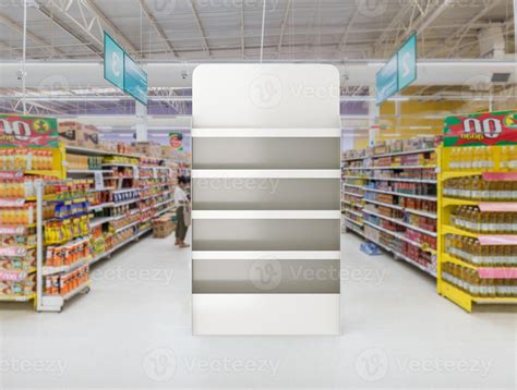 Super market end cap shelf display 3d illustration. Header, Footer and ...