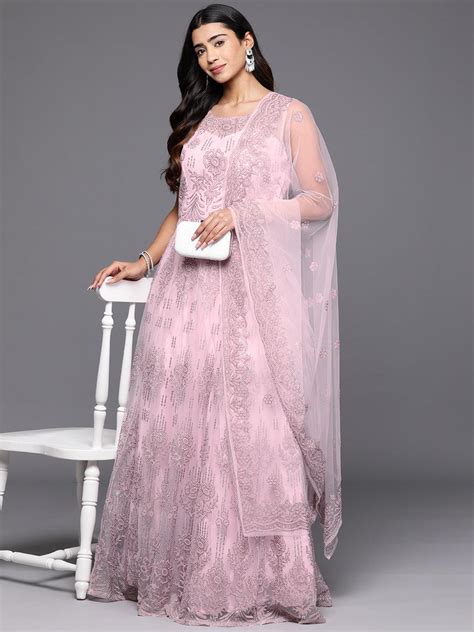 Buy Libas Art Pink Embellished Net Gown Dress With Dupatta Online at ...