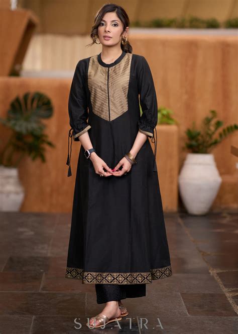 Stylish Black Cotton silk kurta with golden zari yoke Pant optional ...