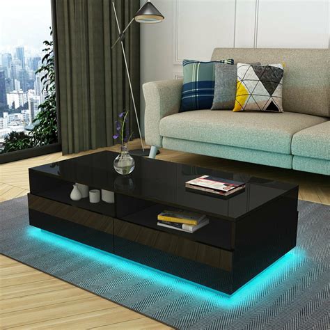 LED Rectangular Coffee Table Tea Modern Living Room Furniture Black ...