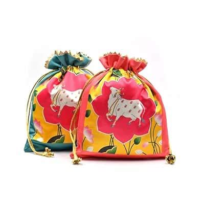 India Gift Hub | Assorted Lotus Cow Decorative | Printed Silk Potli ...