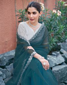 Buy Samah Dyed, Embellished, Self Design Bollywood Net Blue Sarees ...