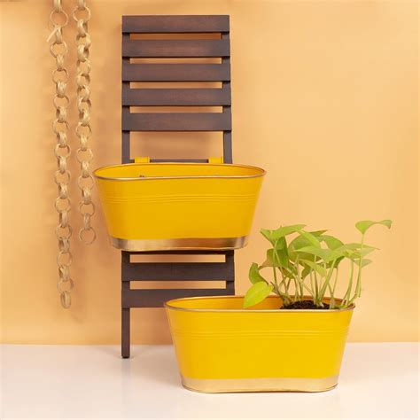 KYARI Yellow Iron Railing Planter, Captivating Hanging Oblong Pots for ...