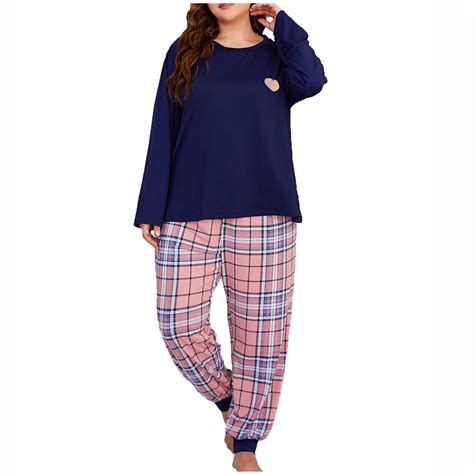 Womens Plus Size Pajamas Sets Long Sleeve Heart Print Pullover Tops ...