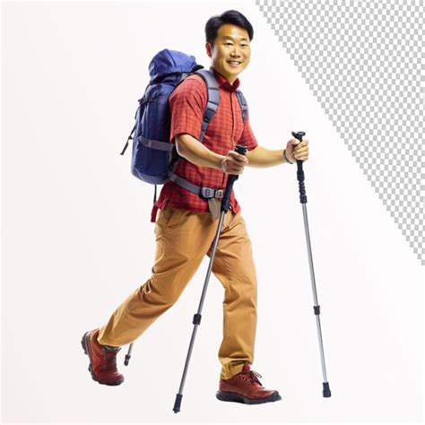 Asian man with a backpack and hiking poles walking on transparent ...