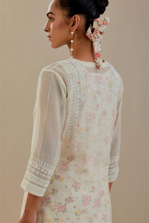 Off white cotton chanderi short kurta set, highlighted with delicate b ...