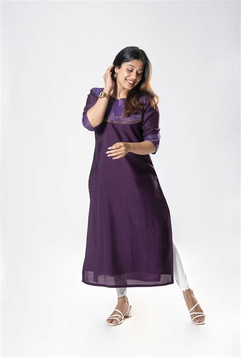 Dark grape purple semi tussar slitted kurti with handworked brocade yo ...