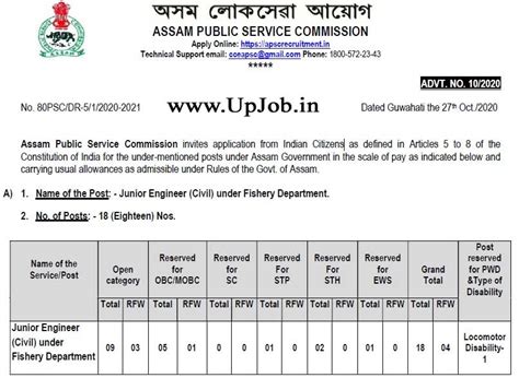 APSC JE Recruitment notification 18 post application form Date 2020 Assam