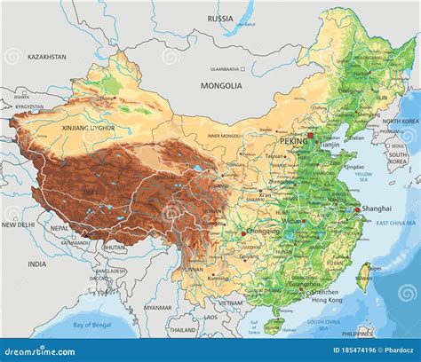 Physical Map With Rivers Of China