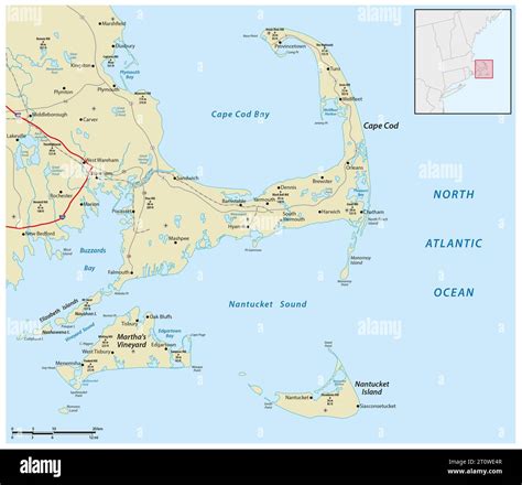 Cape Cod, Martha's Vineyard, and Nantucket Map, Massachusetts, USA ...