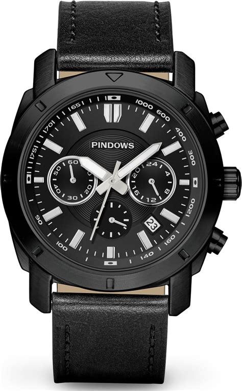 PINDOWS Chronograph Watch for Men Black Leather Sport Multifunction ...