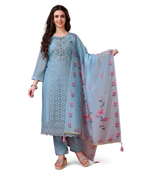 Buy MOJILAA Women Sky Blue Chanderi Silk Chikankari Kurta with Pant ...