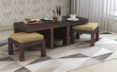 Wooden Craftico Sheesham Wood Coffee Table with 2 Stools Solid Wood Tea ...