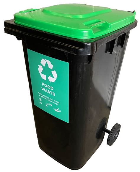 240 Litre Wheelie Bin in Black with Green Lid with Food Waste Sticker ...