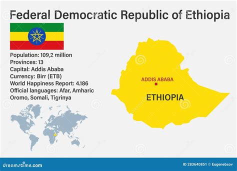 Highly Detailed Ethiopia Map with Flag, Capital and Small Map of the World Stock Vector ...