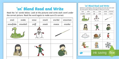 'sn' Blends Read and Write Worksheet