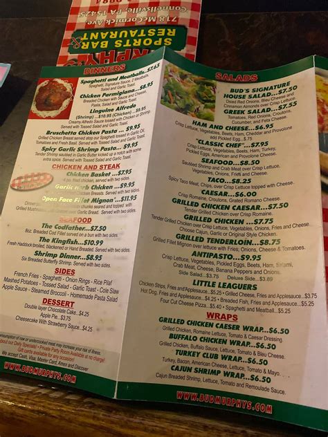 Menu at Bud Murphy's pizzeria, Connellsville