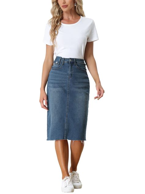Allegra K Women's Skirt Solid High Waist Back Vent Knee Length Denim ...