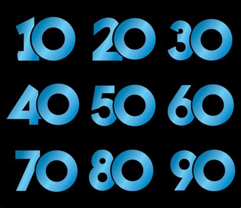 Set of blue gradient numbers from 10 to 90 on a black background ...