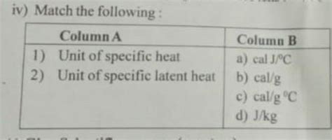 Match the following: Column A 1) Unit of specific heat 2) Unit of ...