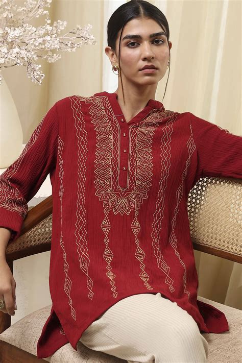 Buy Red Embroidered Straight Short Kurta Online at Biba India