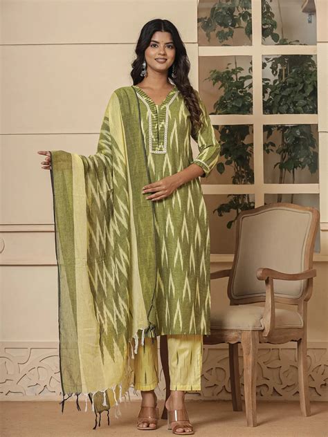 Dark Green Ikat Print Straight Strappy Kurta Trouser And Dupatta Set ...
