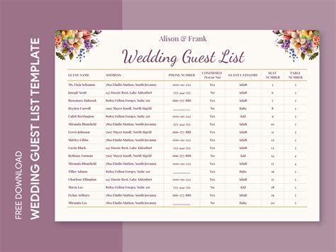 Wedding Guest List Excel Template