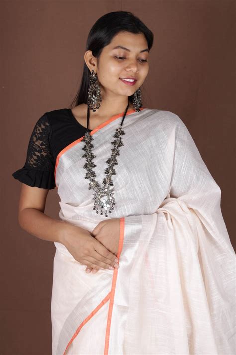 Off white bhagalpuri line with zari & orange tiny border wrap in 1 ...