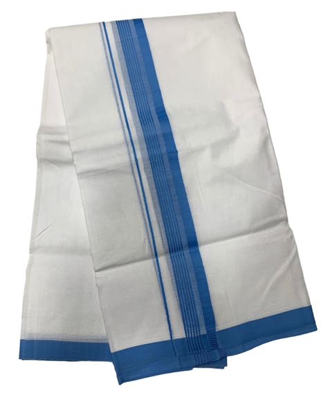 8 Mulam White Cotton Dhoti with Large Sky Blue Border – Kumaran Silk