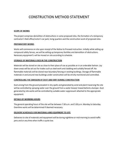 Image result for Example of Construction Method Statement