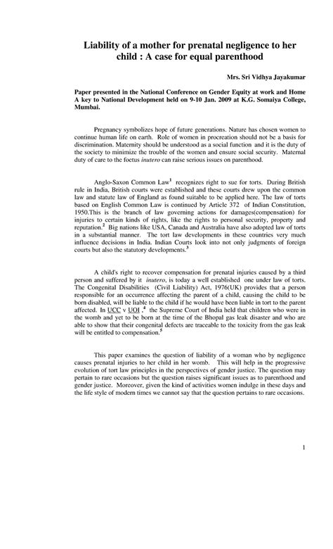 Liability of a mother for prenatal - Sri Vidhya Jayakumar Paper ...