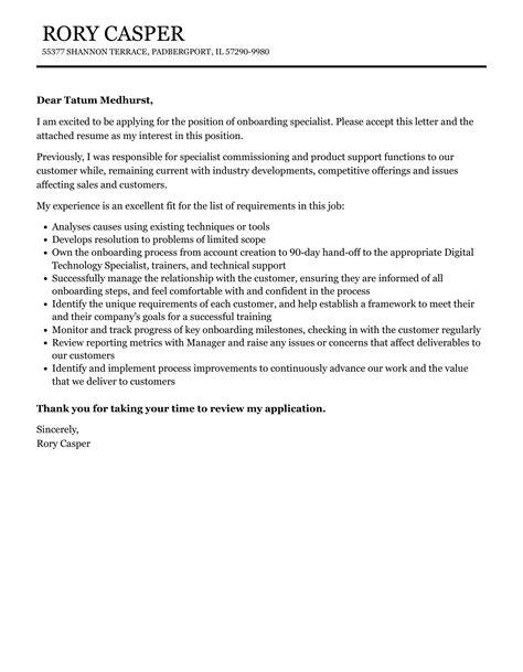 Onboarding Specialist Cover Letter | Velvet Jobs