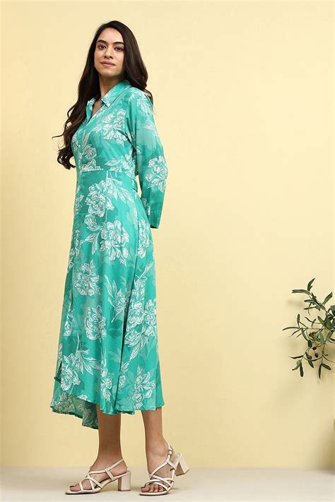 Buy Cyan Blue Floral Printed Shirt Style A-line Dress Online at Biba India