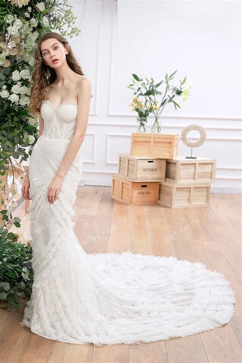 Romantic Lace and Ruffled Tulle Long Train Bridal Dress - BETANCY