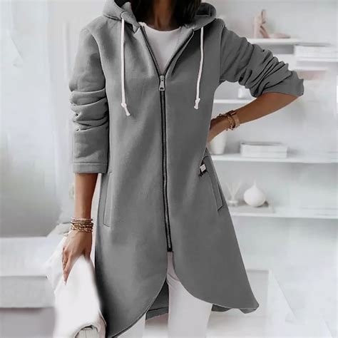 fartey Fleece Zip up Hoodie Oversized Curved Hem Sweatshirt Women Long ...