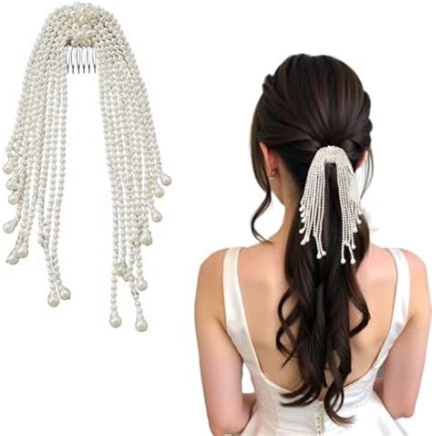 LYKAA Pearl Bridal Hair Comb Clip with Long Beaded Tassels | Wedding ...