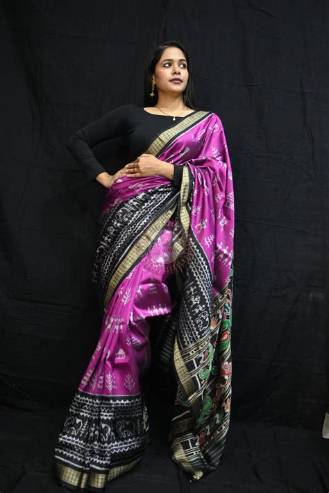 Purple Black Tribal House Scot Mulberry Silk Saree
